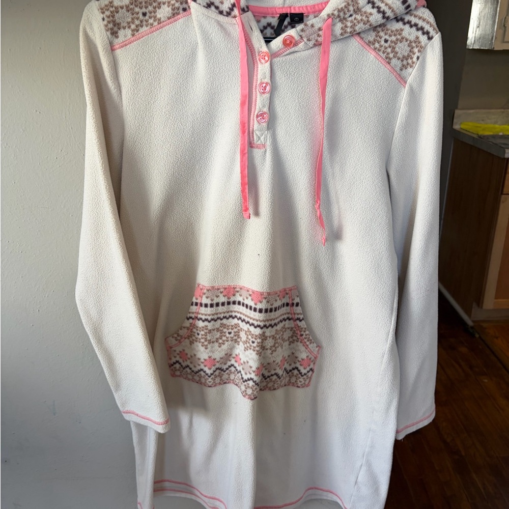 Cozy White and Pink Hooded Tunic